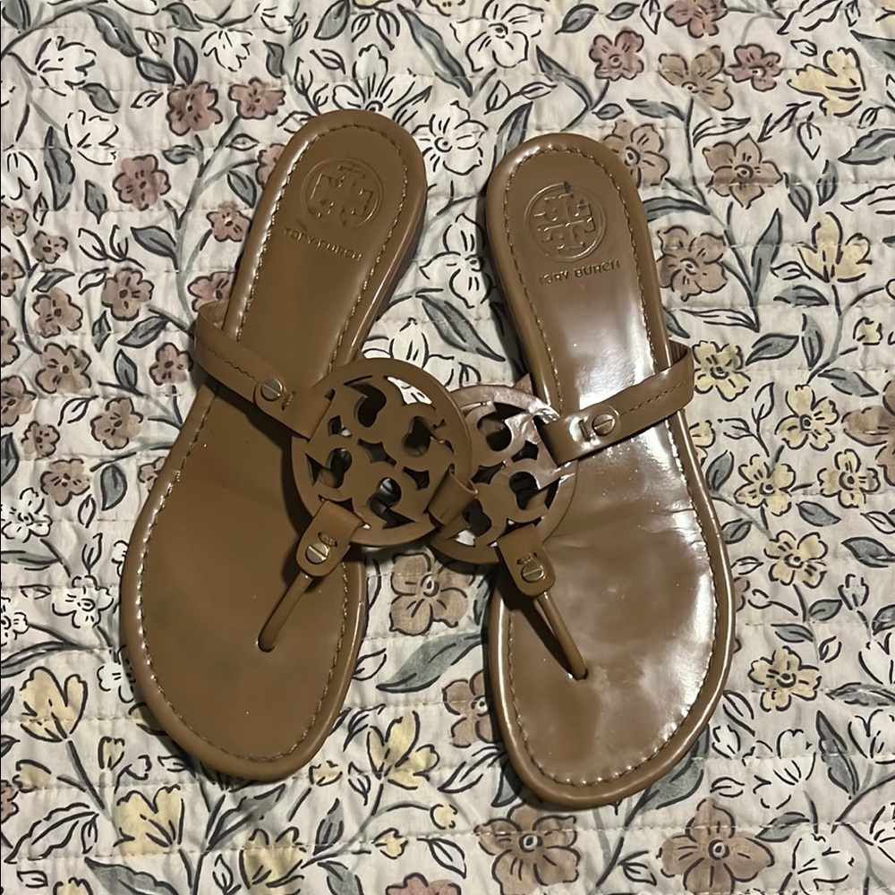 Tory Burch Tan Miller Sandals with Signature Medallion